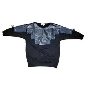 Vintage Bonnie‎ & Bill 80s Black Pleather Fringe Jewels Top Size L